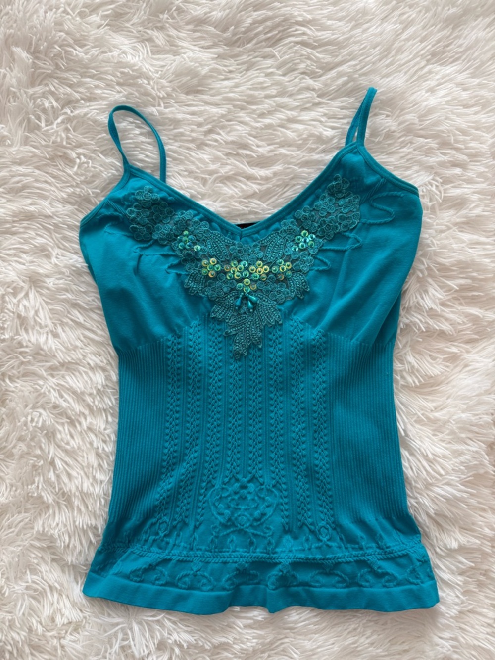 [SOLD] Teal Lace & Sequin Trim Knit Camisole